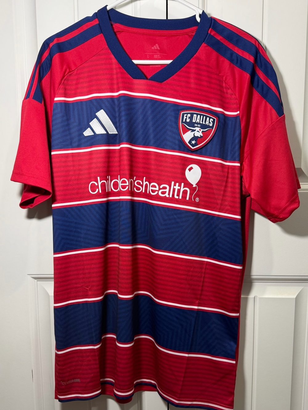 adidas FC Dallas Red and Navy Striped Soccer Jersey